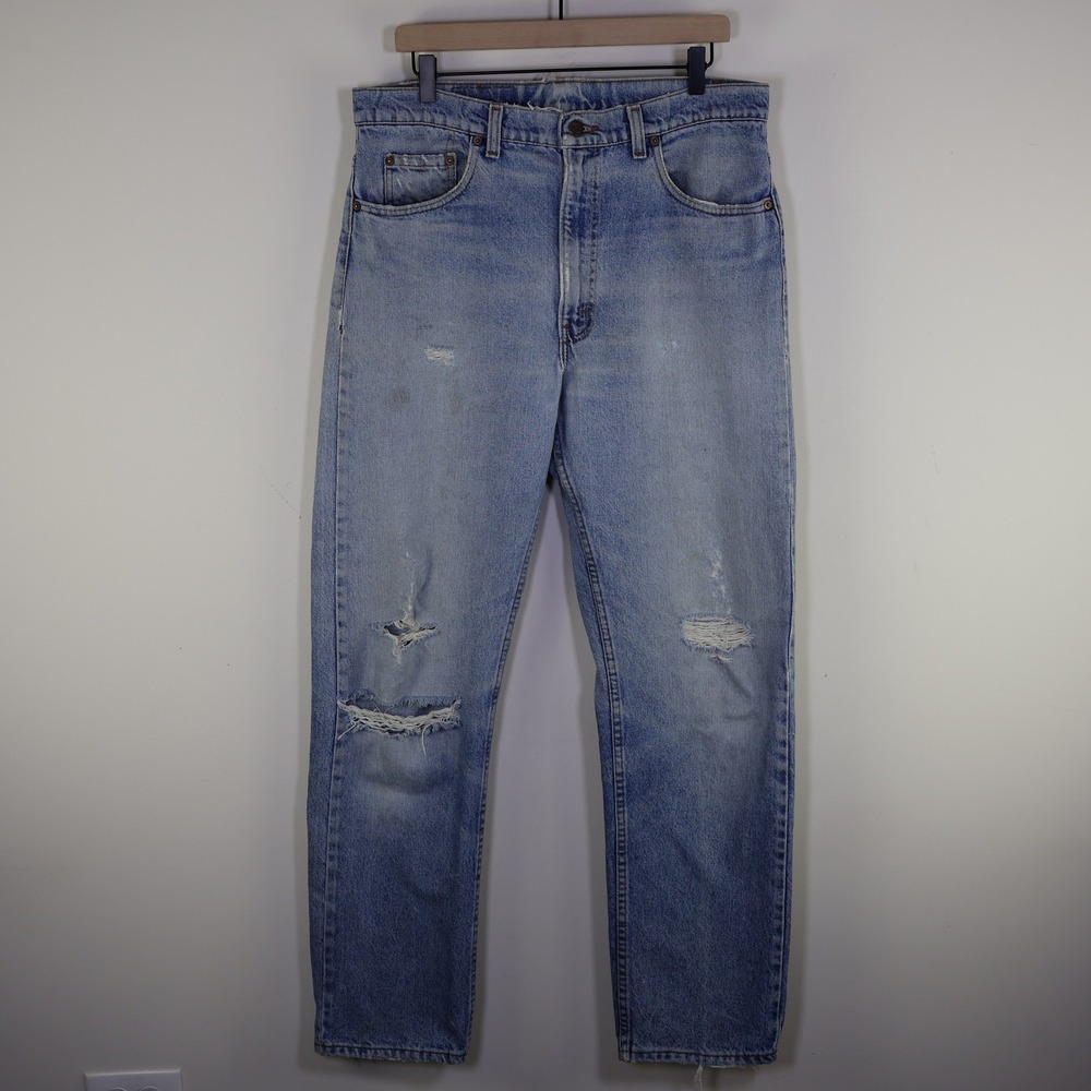 Vintage Levis 505 Mens Light‎ Wash Distressed Straight Leg Jeans USA Made 36x32